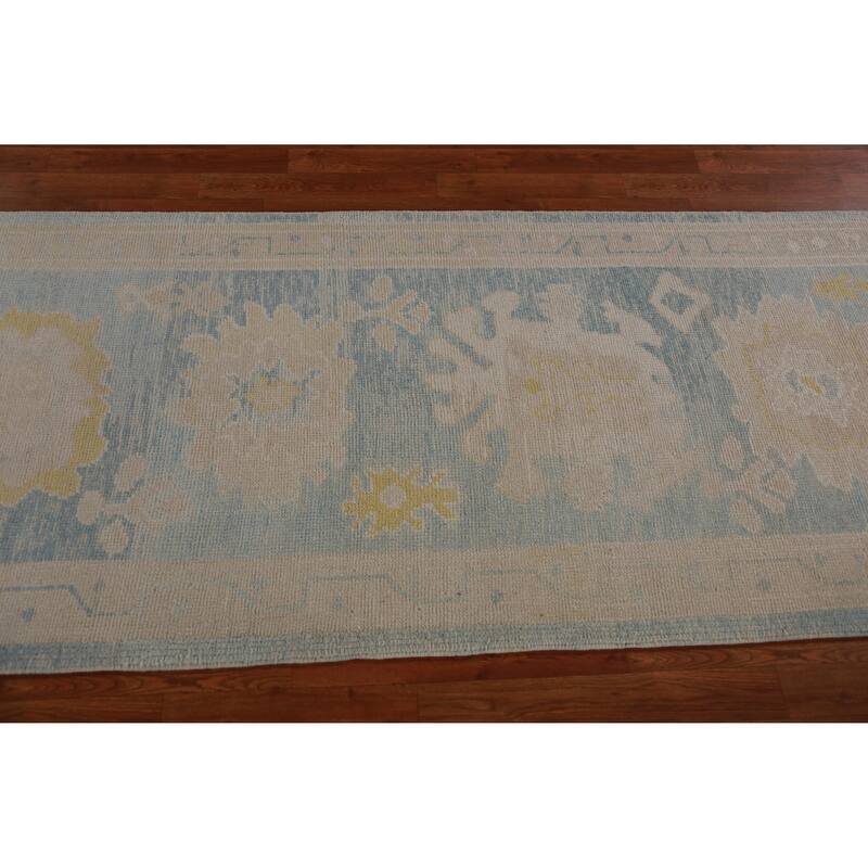 Hand Knotted Oriental 100% Wool Carpet Transitional Floral Navy Blue & Blues Oushak Runner Rug - 13' 6'' X 3' 4''