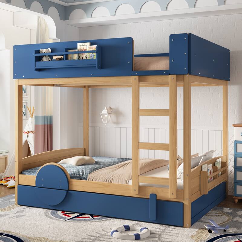 Full Bunk Bed with Trundle, Wood Bunk Bed Frame with Built-in Bookshelf and High-quality Safety Guardrail