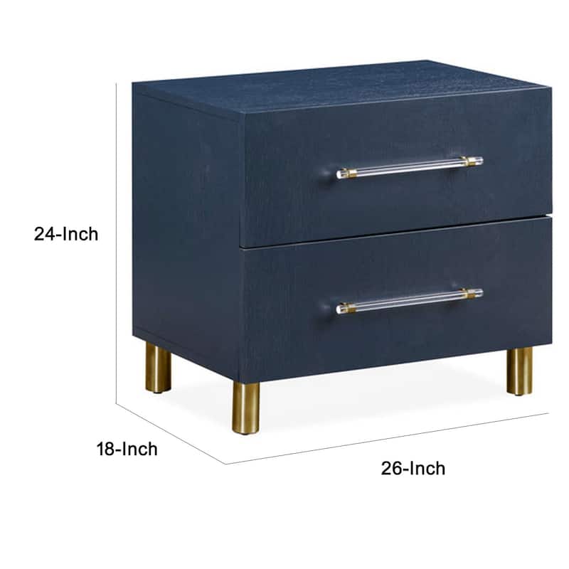 Herst 26 Inch Nightstand, Navy Blue Wood, 2 Drawers, Cylindrical Brass Legs