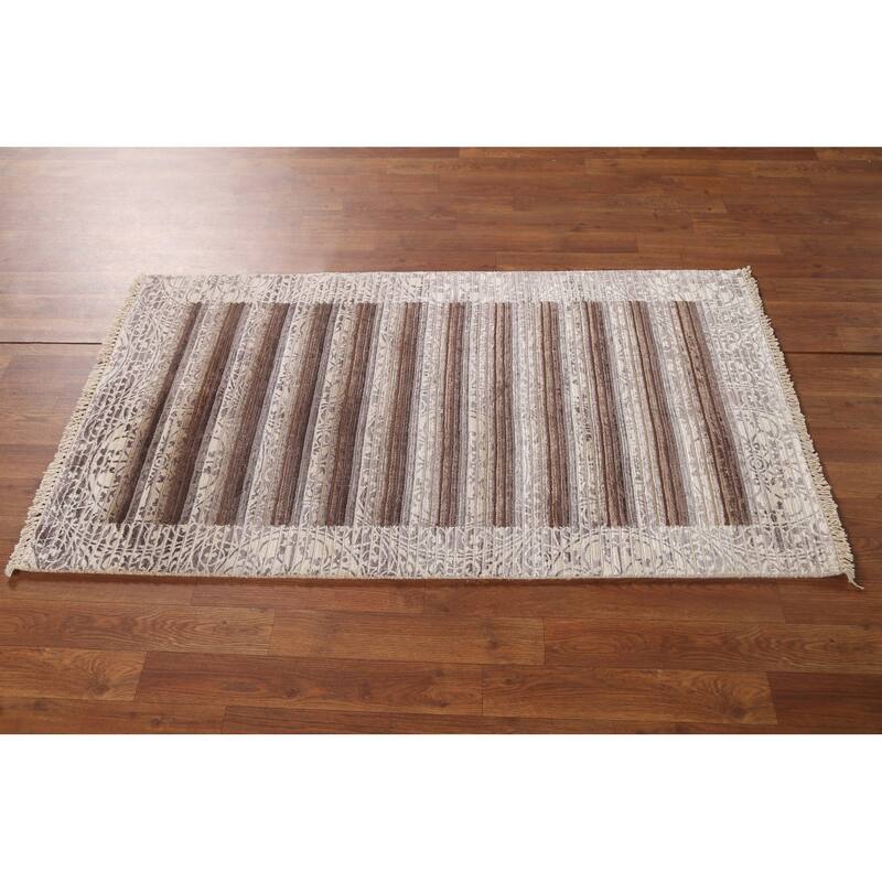 Striped Abstract Accent Rug Handmade Beige Wool Carpet - 2'8"x 4'8"