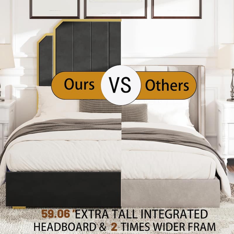 Queen Size Upholstered Bed Frame with 59.06" Headboard and Golden Plating Trim