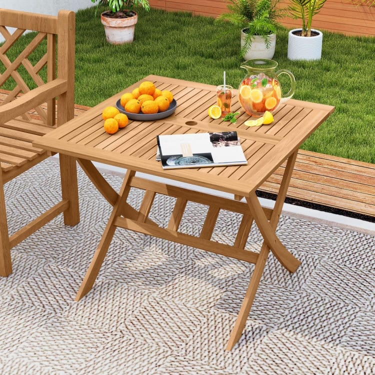 Natural Acacia Wood Square Folding Patio Table with Umbrella Hole - 36" x 36" x 29.5"