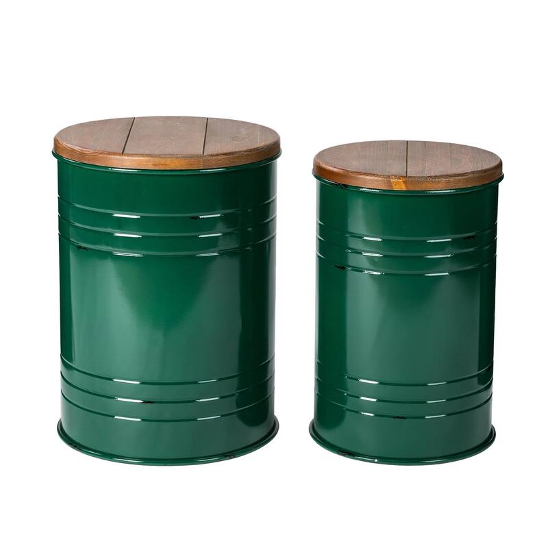 Set of 2 Glitzhome Decorative Nesting Metal Storage Accent Stool or Space Saver with Wood Lid - Green