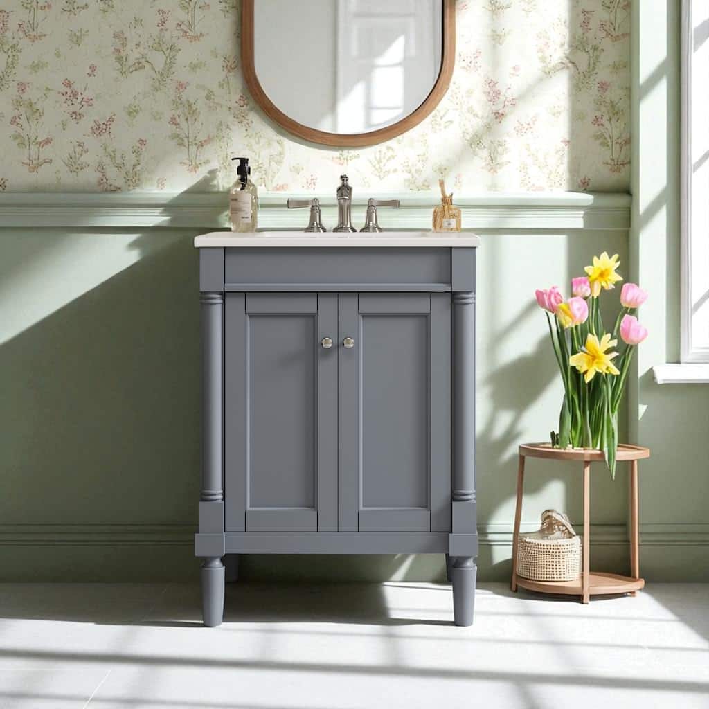 24'' Bathroom Vanity with Sink, Freestanding Modern Cabinet with Storage Shelves and Double Doors, Small Bathroom Vanity