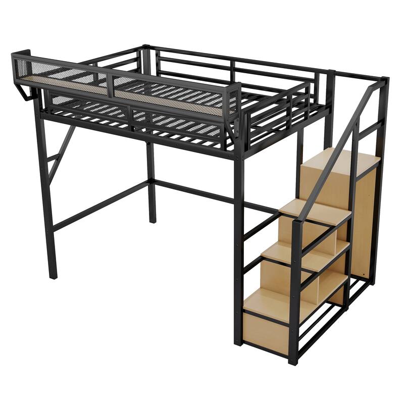 Metal Loft Bed with Storage Stairs Upper Storage Shelves and Wardrobe, Metal Structure Bed Optional Desk Charging Station