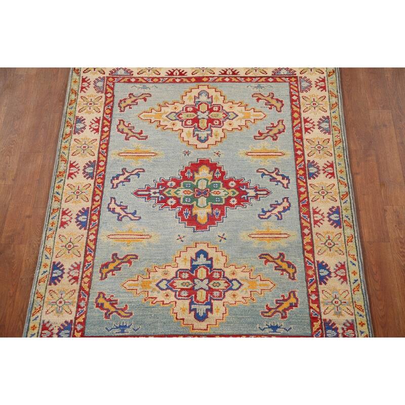 Light Blue Geometric Kazak Accent Rug Handmade Wool Carpet - 3'6"x 4'9"