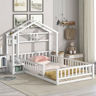 White Twin Size Pine Wood House-Style Headboard Floor Bed with Fence Guardrails without cushion