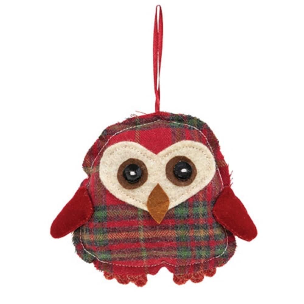 Red Felt Plaid Owl Ornament with Ribbon Hanger for Festive Holiday Decor - Height: 4.50 in.