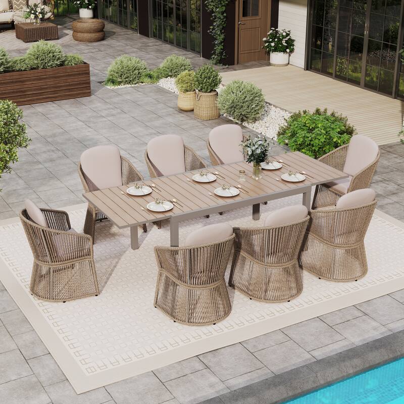 9-Piece Outdoor Extendable Dining Set with Aluminum Table & Rattan Chairs