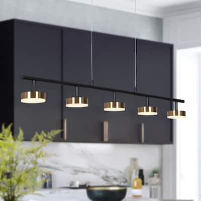 Modern Minimalist 5-Light Black Gold LED Chandelier 35.5'' Linear Kitchen Island Pendant Lights for Dining Room