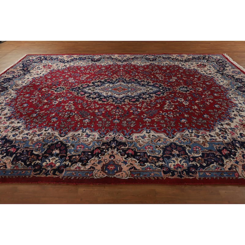 Hand Knotted Oriental 100% Wool Carpet Traditional Floral Red Mashad Area Rug - 12' 11'' X 10' 1''