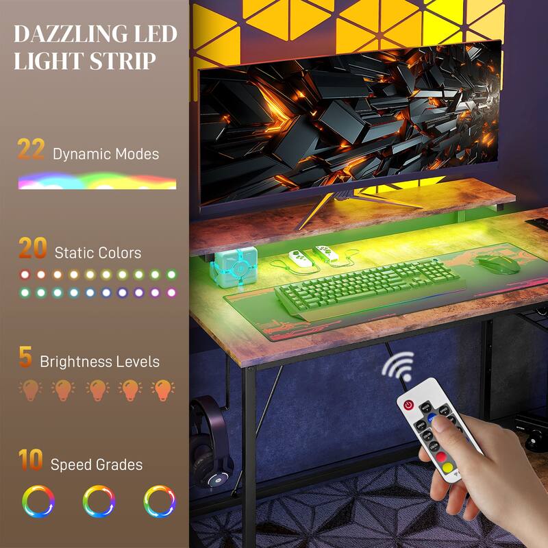 L Shaped Gaming Desk with LED Lights Power Outlets USB Ports Monitor Stand and Storage Shelves Reversible Rustic Brown