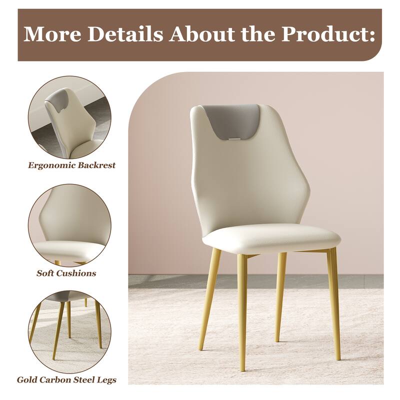 Set of 2 dining chairs, high-quality PU leather seats, with gold-plated painted carbon steel legs and ergonomic backrests