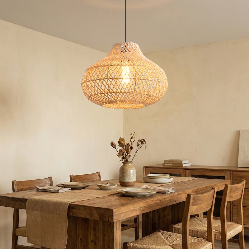 1-Light Boho Brown Rattan Hand-Woven Cloche Hanging Basket Pendant Light - 18.9" W x 59" H