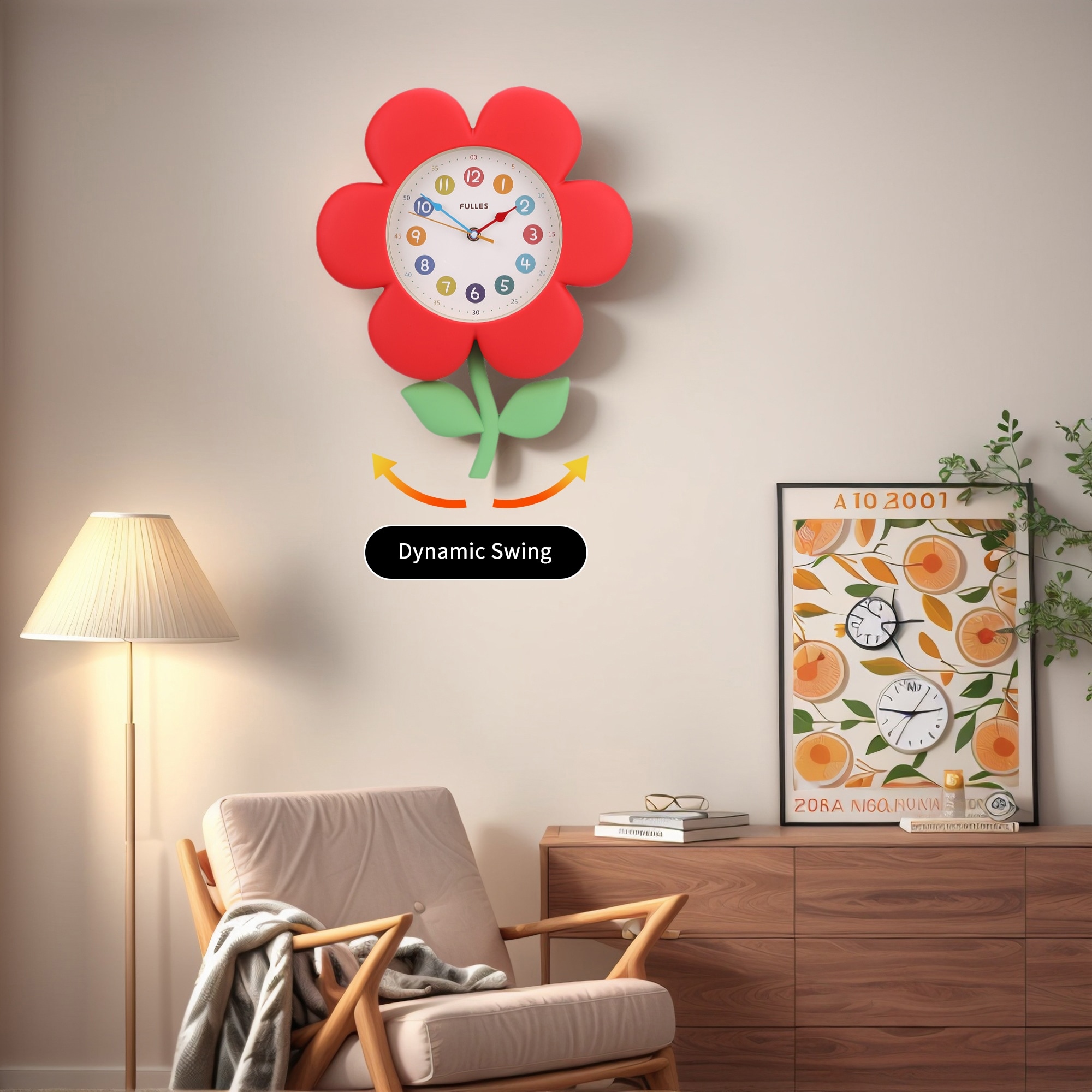 Flower Design Wall Clock, Silent Non-Ticking, Colorful Numbers for Office Bedroom School Living Room - 15 x 12 x 2.8 inch