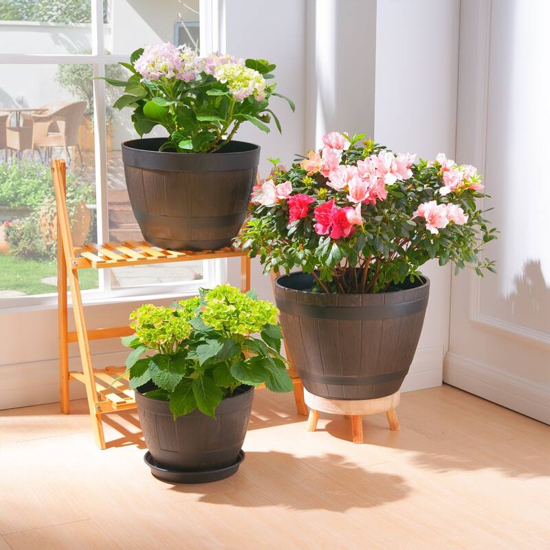 Javlergo (9"/11.3"/13") 3-Pack Planter, Plastic Whiskey Barrel Planter Decoration Flower Pots with Drainage Holes & Saucer - 13"