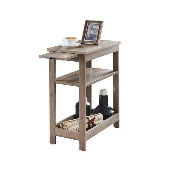 Slim Side End Table with Storage Shelves & Pull-Out Tray, Walnut