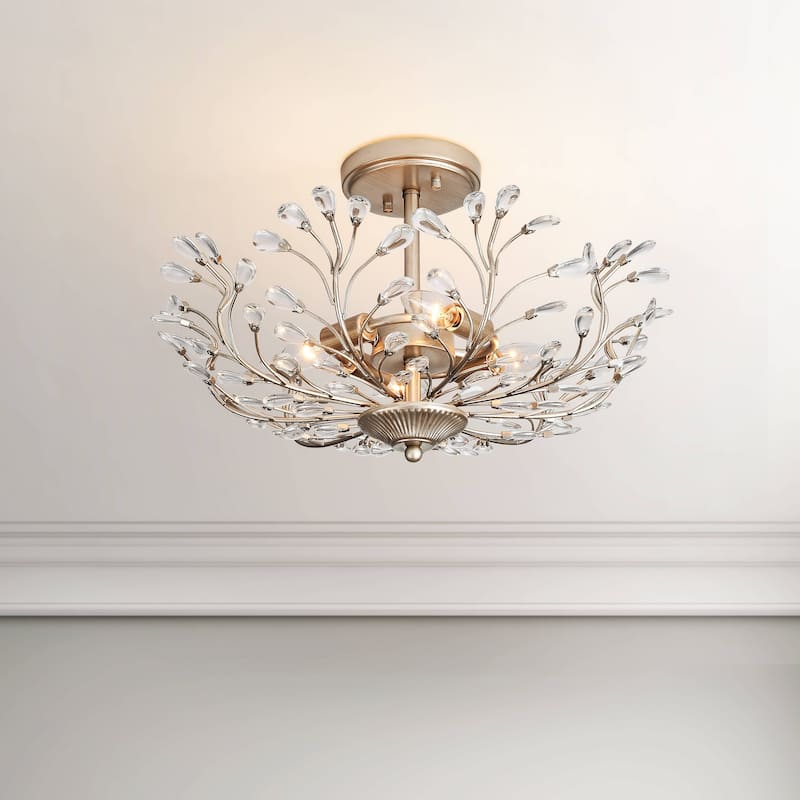 Flavia 4-light Crystal Beaded 9-Branch Semi-Flush Mount - 18 inches in diameter x 12 inches H - Brushed Silver-ish Champagne