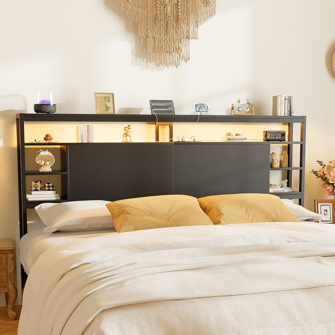 Headboards with Storage Shelves, Head Board with Power Outlet and LED Light for Bed Frame