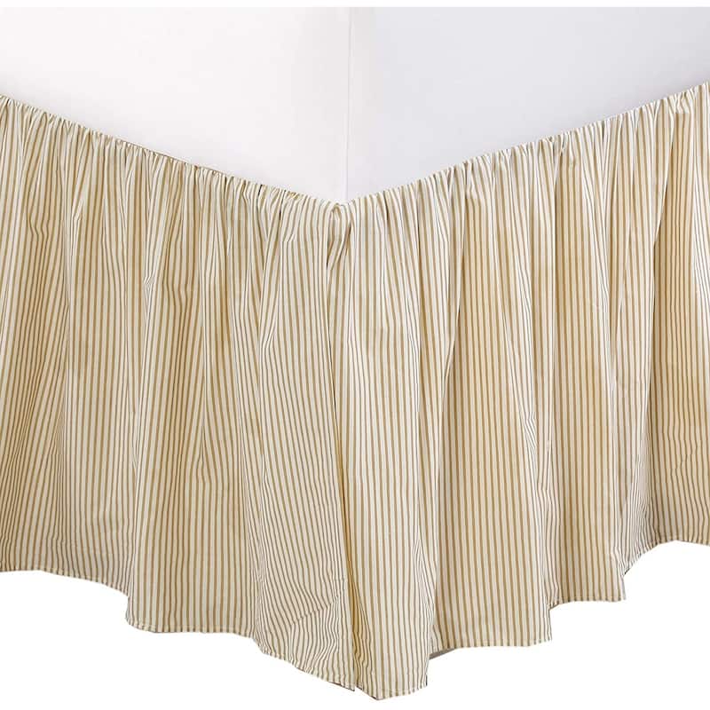 Cozy Line Golden Farmhouse Ticking Cotton Bed Skirt Cream Striped Ruffled Dust Ruffle, Tailored 16" Drop