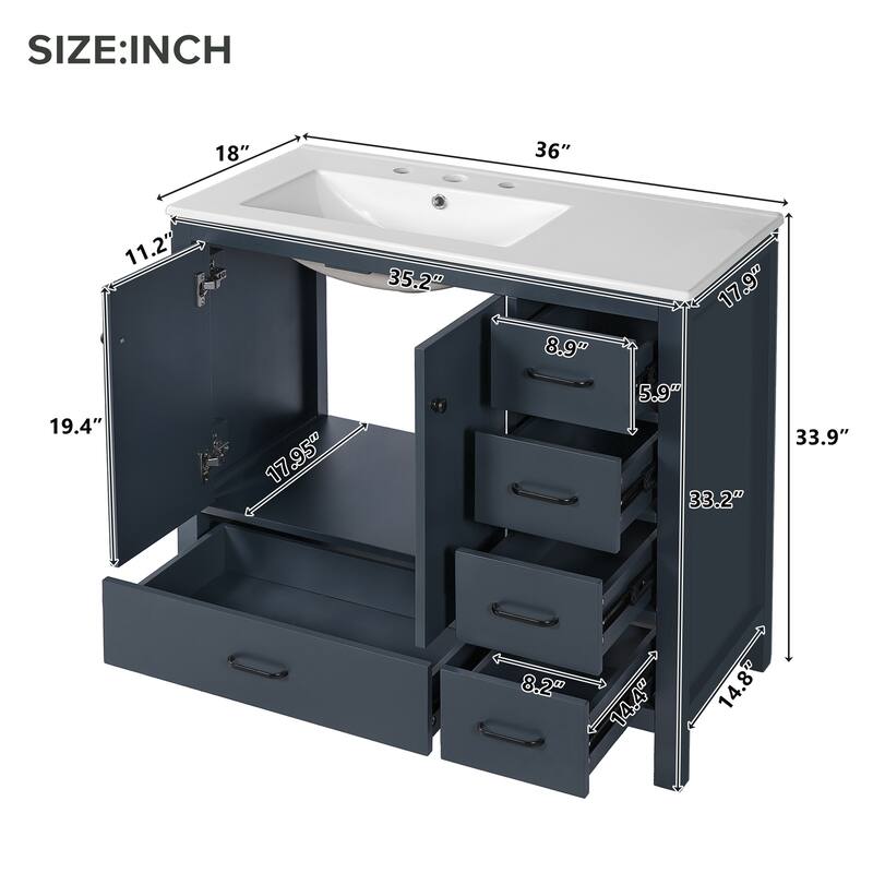 Roomfitters 36" Bathroom Vanity with Ceramic Sink Combo, Abundant Storage Cabinet with 2 Soft Close Doors and 5 Drawers