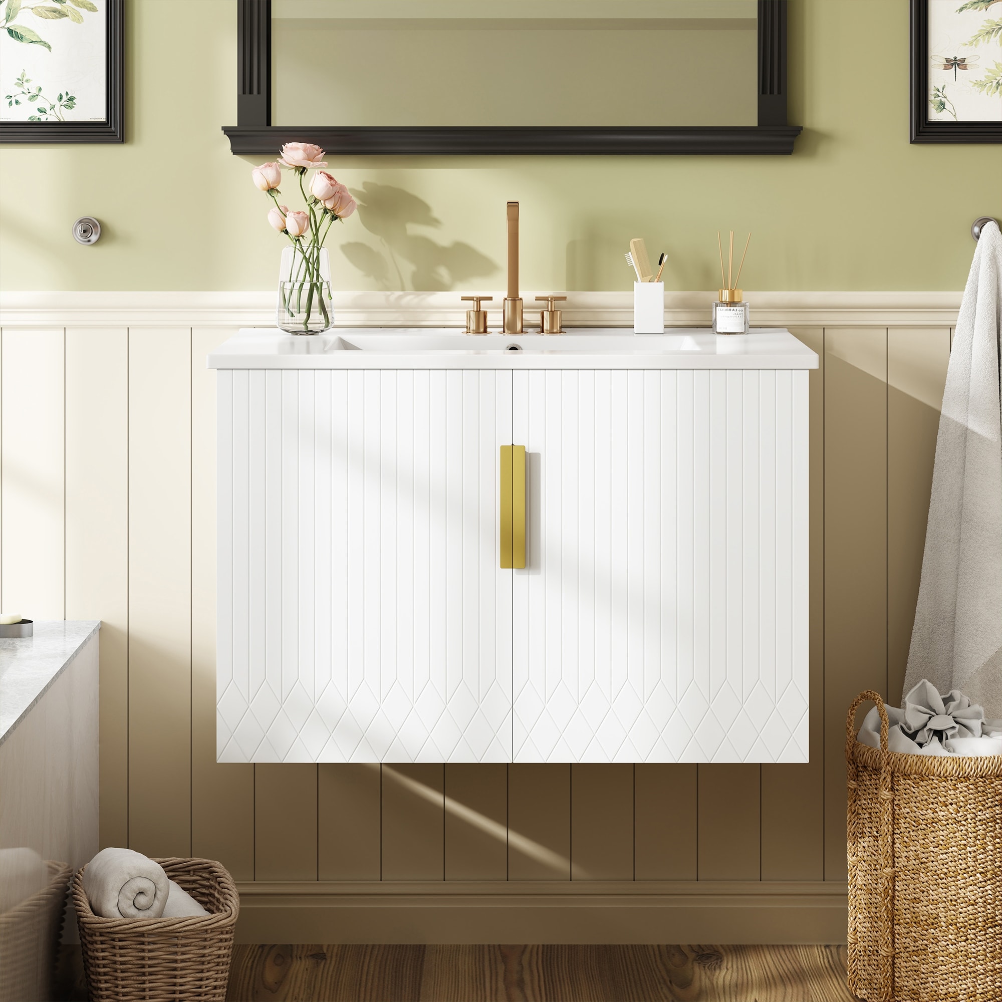 30" Floating Bathroom Vanity with White Integrated Ceramic Sink - 30'' x 18.5'' x 20.1''