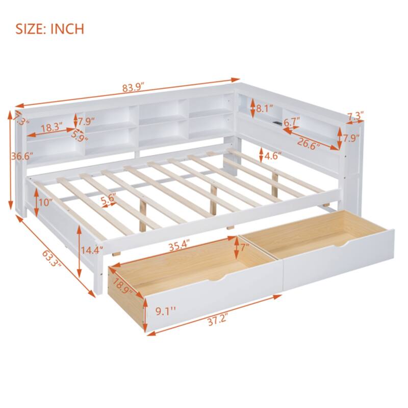 White Wooden Full Size Daybed with 2 Drawers & Storage Shelf