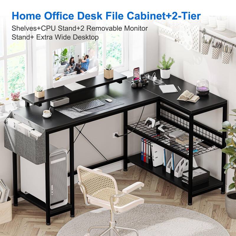 L Shaped Computer Desk with Power Outlets & LED Light - Black