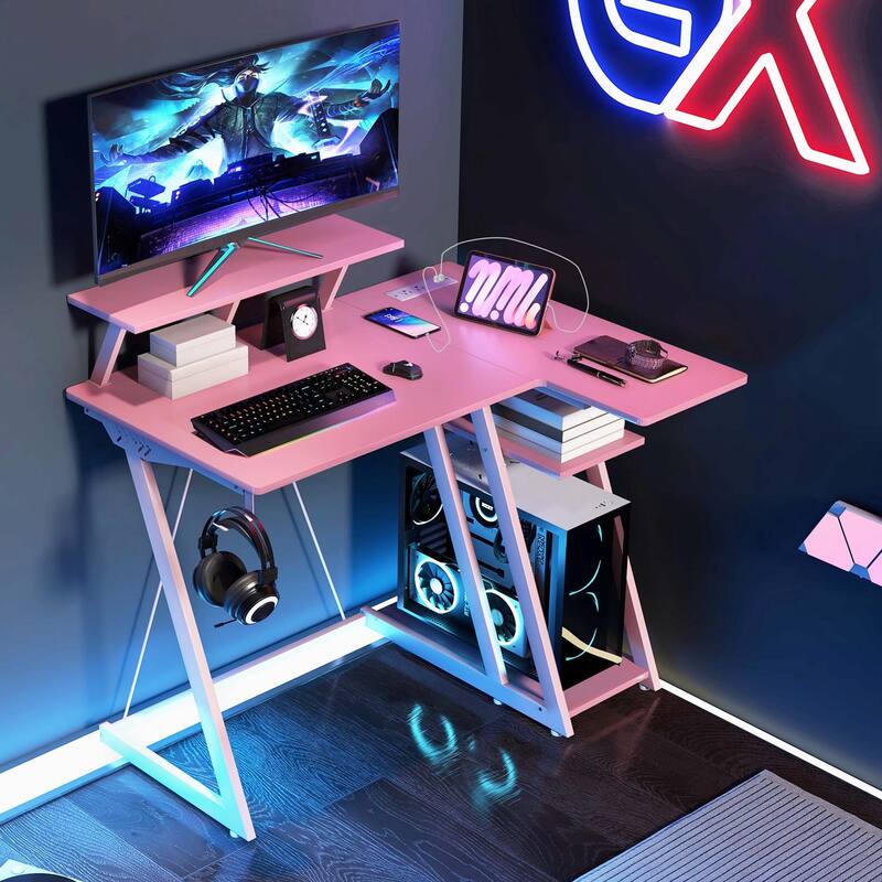 Costway L Shaped Gaming Desk with Outlets & USB Ports Monitor Shelf