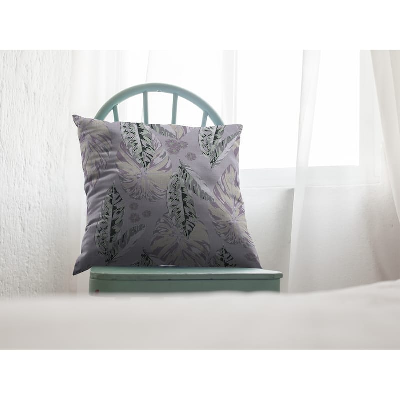 16" Blue Purple Tropical Leaf Zippered Suede Throw Pillow