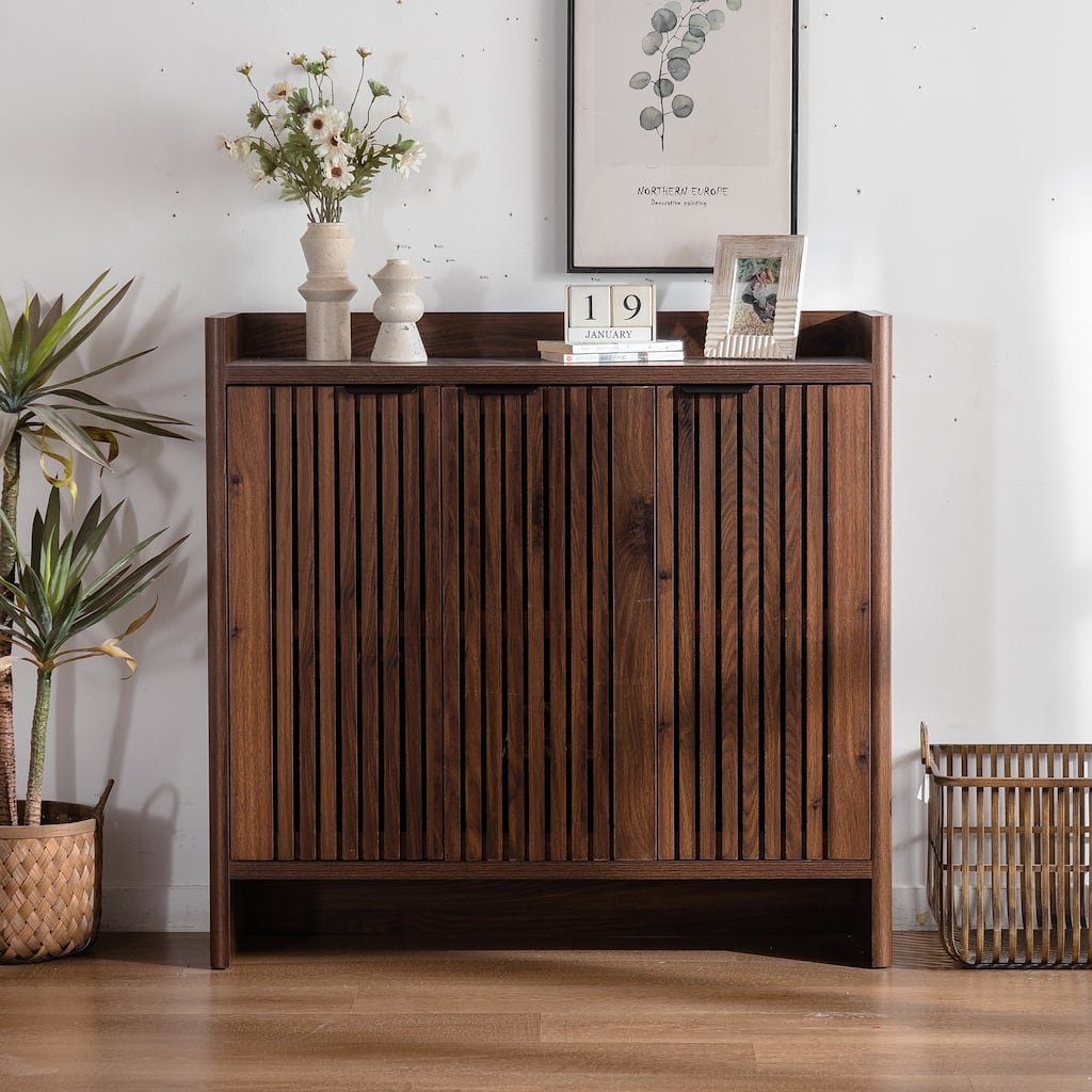 Shoe Cabinet 5-Tier with Shutter Doors, Large Wooden Shoe Organizer Rack with Adjustable Shelves, Modern Farmhouse Furniture