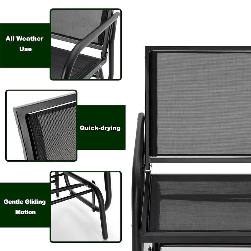 Outdoor Love-Seat Rocking Bench, Patio Glider, Textilene Fabric, Black