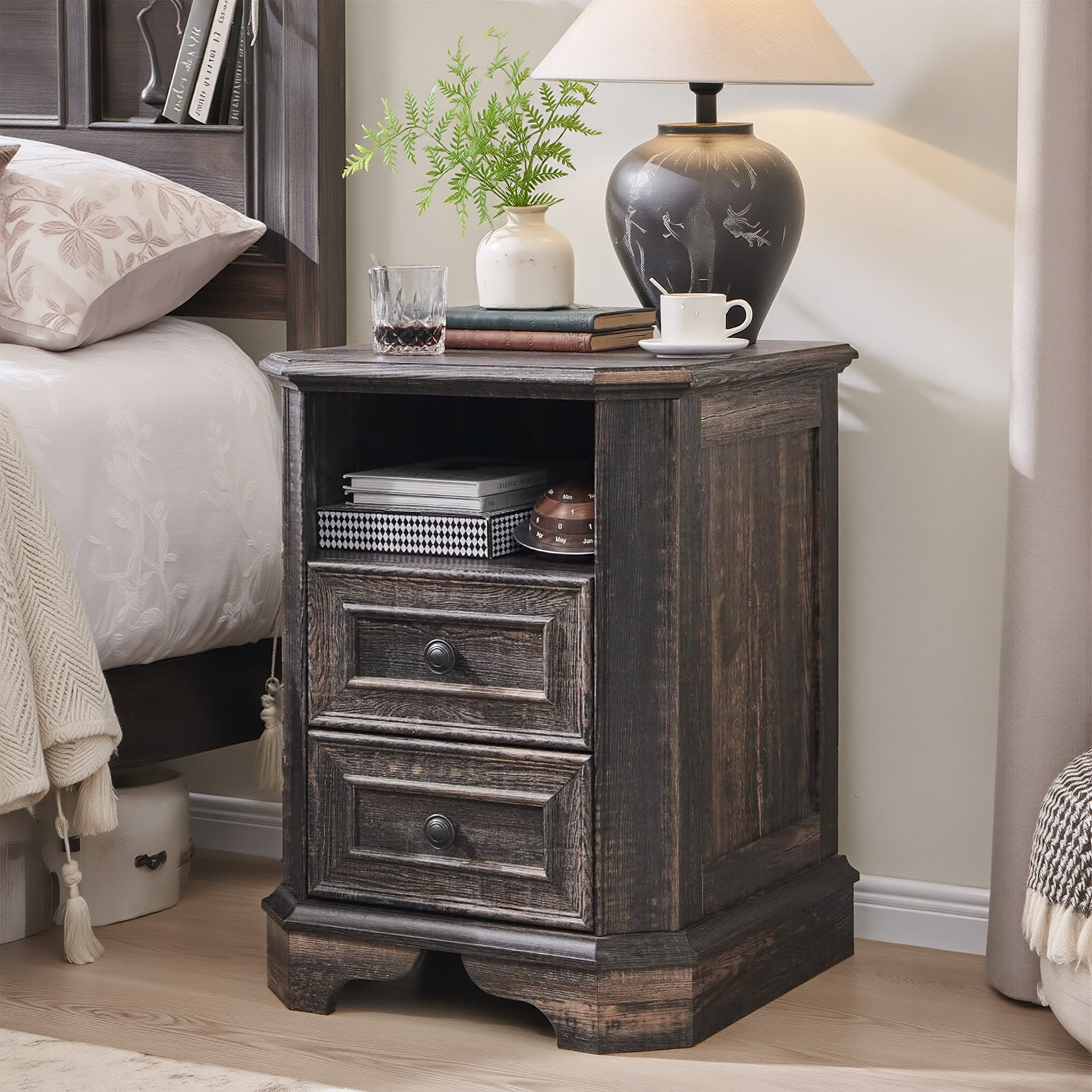 Farmhouse Nightstand with Charging Station, Bedside Table for Bedroom