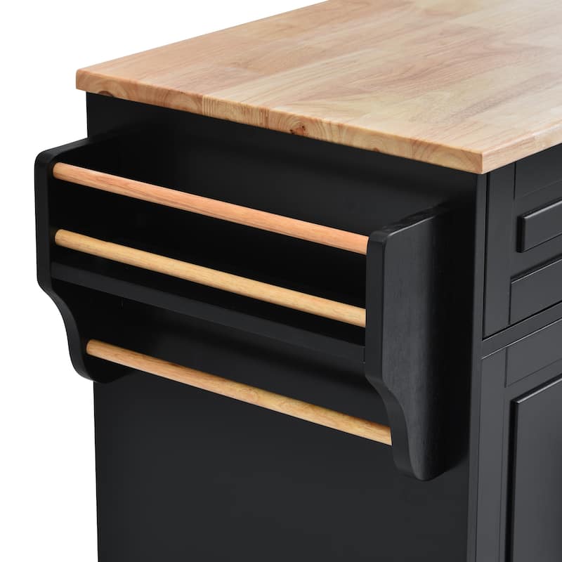 Kitchen Island with on Locking Wheels, Rolling Cart with Rubber Wood Desktop, Mobile Island with 3 Open Shelves & 5 Drawers