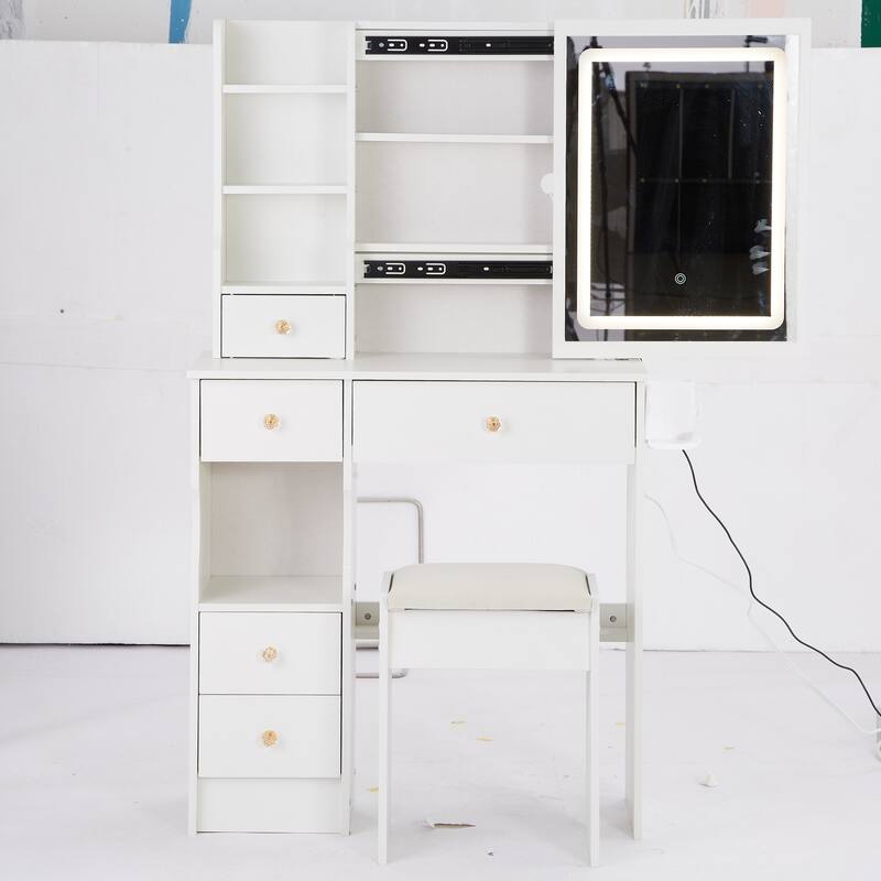 29.2" Small Size Left Drawer Desktop Vanity Table + Cushioned Stool, 2 AC+2 USB Power Station, Hair dryer bracket - White