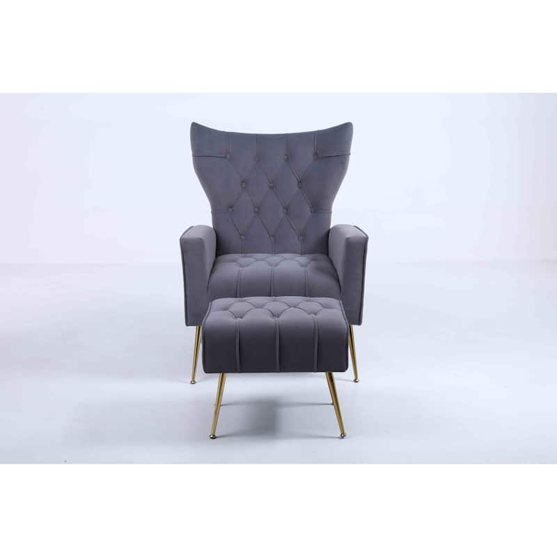 Upholstered Accent Chair with Tufted Cushions and Ottoman In Beige