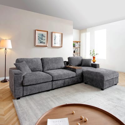 L-Shaped Oversized Couch,Drop Down Table,360-degree Swivel tray,Cup Holders,USB Charger,Storage Ottoman and Armrest