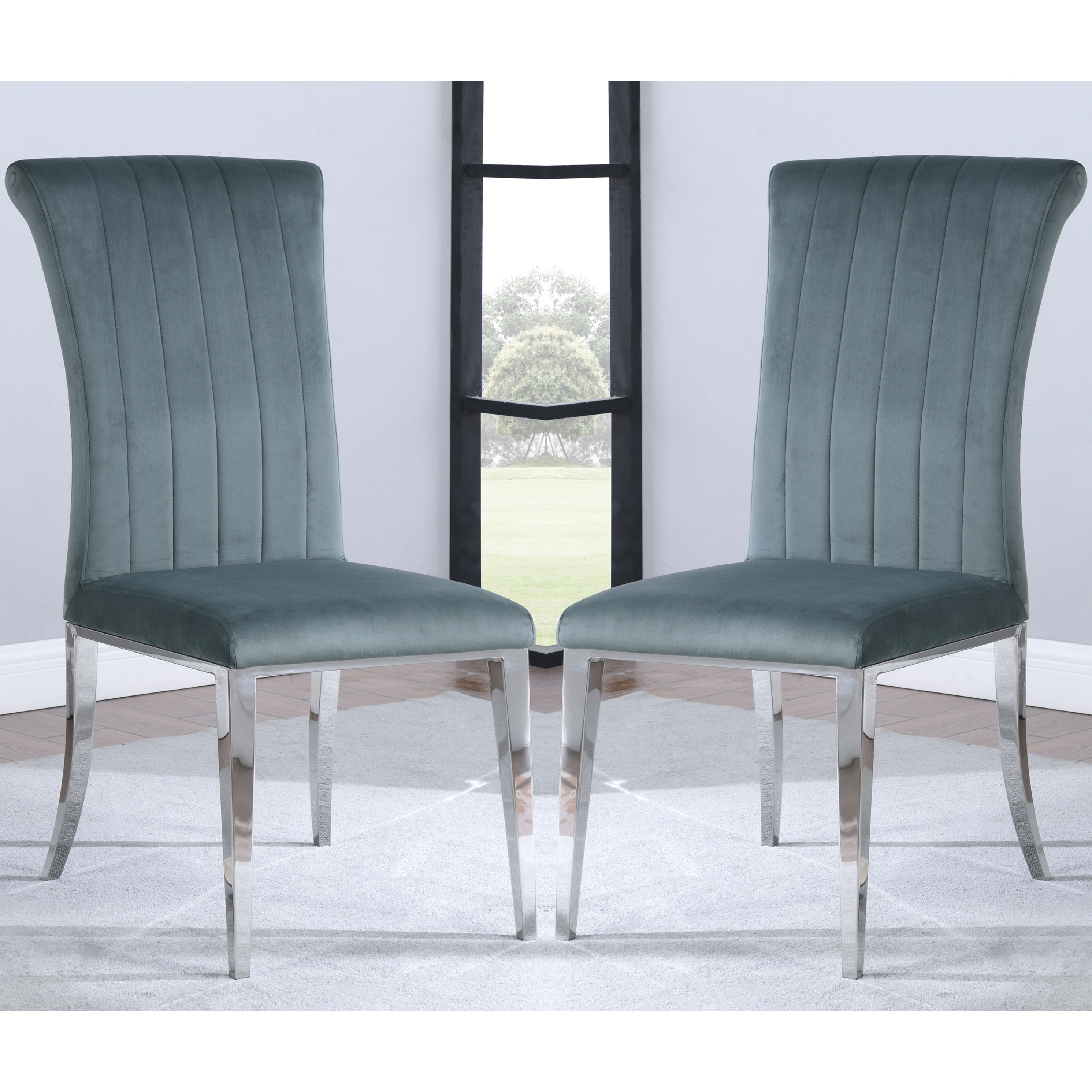 Modern Plush Design Grey Velvet Dining Chairs with Chrome legs Set of 2