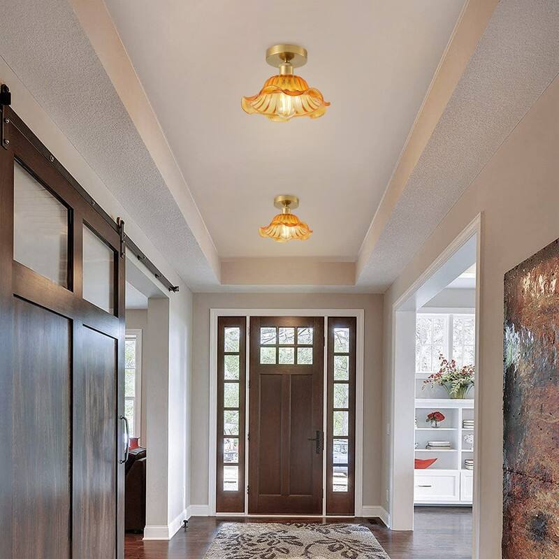 Modern Semi Flushmount Ceiling Light with Gold Tinted Glass and Electroplated Brass Finish