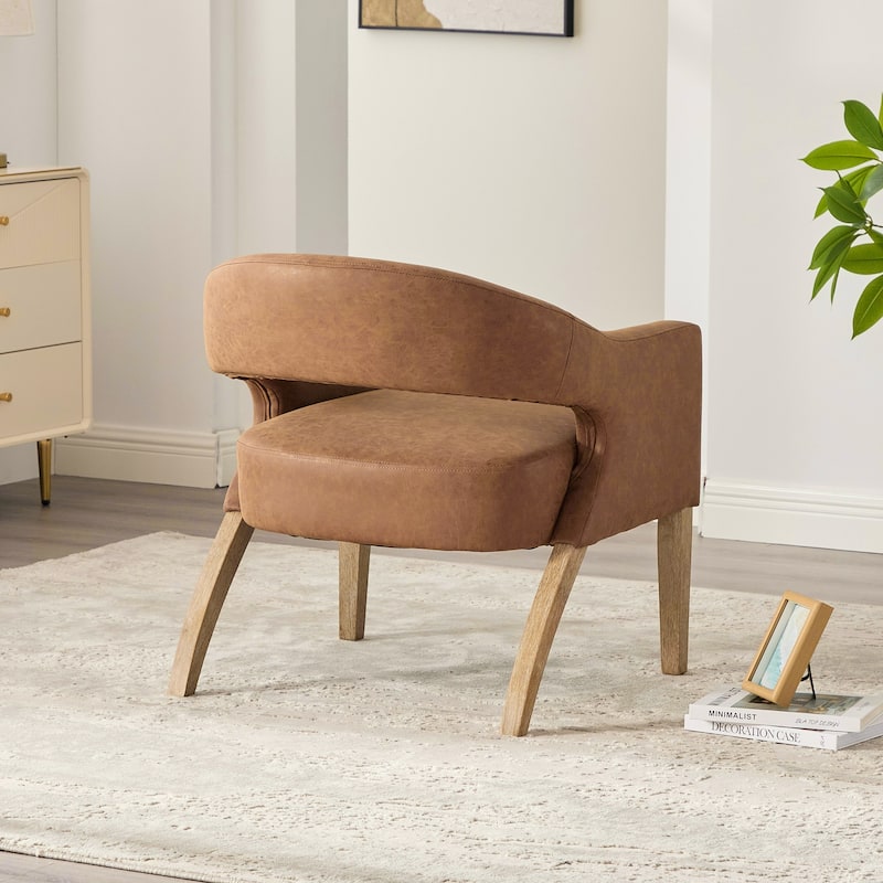 PU Leather Barrel Accent Chair, Ergonomic Lounge Reading Chair, Upholstered Armchair with Hollow Back & Solid Wood Legs