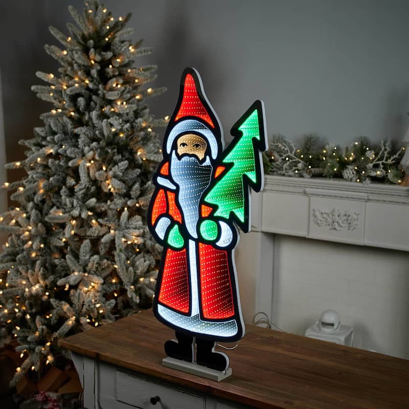 LED Lighted 3D Santa with Pine Tree Christmas Infinity Mirror - 34.25"