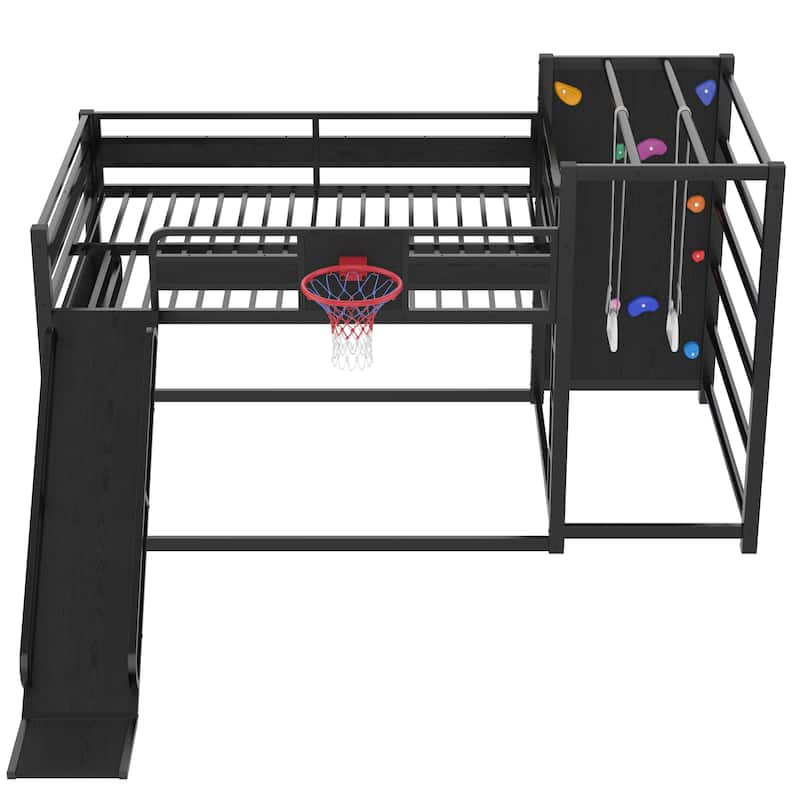 Childhood Fun Metal Loft Bed Frame with Built-in Bookshelf, Basketball Hoop, Climbing Wall, Pull-up Rings and Slide