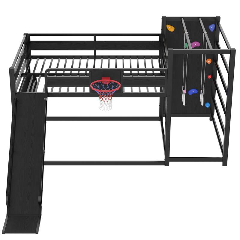 Full size metal loft bed with basketball hoop, pull-up rings, climbing wall, and built-in bookshelves