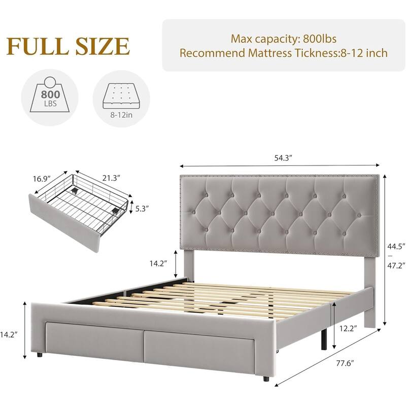 Velvet Upholstered Bed Frame with 2 Drawers, Wingback Tufted Headboard & Wood Slats, Vintage Style