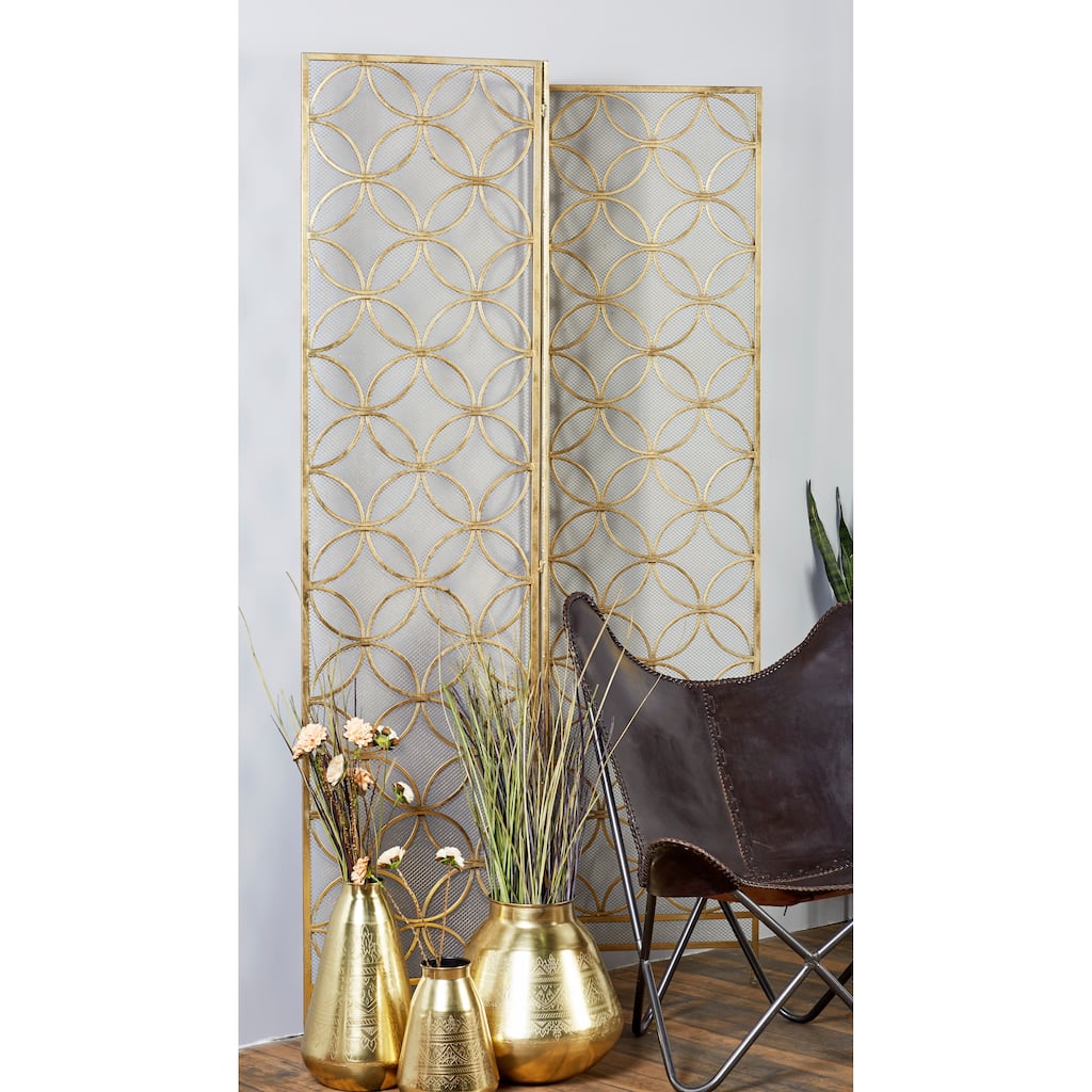 Brass Metal Hinged Foldable Partition 3 Panel Geometric Partition Room Divider Screen - 57 x 79