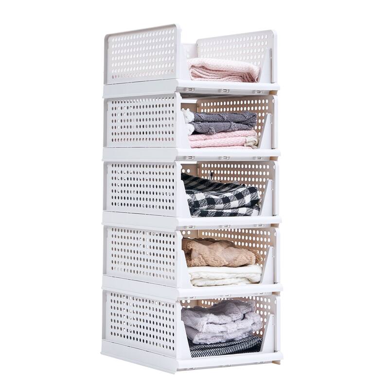 Javlergo 4 Pack Stackable Plastic Storage Basket, L-Size Foldable Closet Organizers and Storage Bins Drawer Shelf - 4-Tier