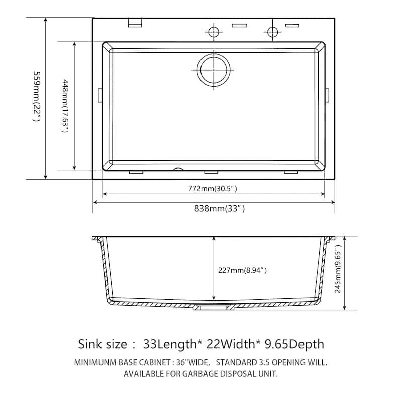 Quartz Kitchen Sink - 33" x 22" x 9.65" White granite composite Drop-in kitchen sink