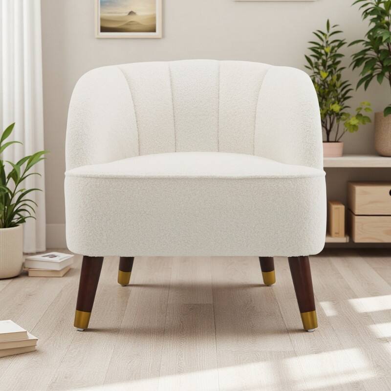 Velvet Barrel Accent Chair with Rubberwood Legs - White