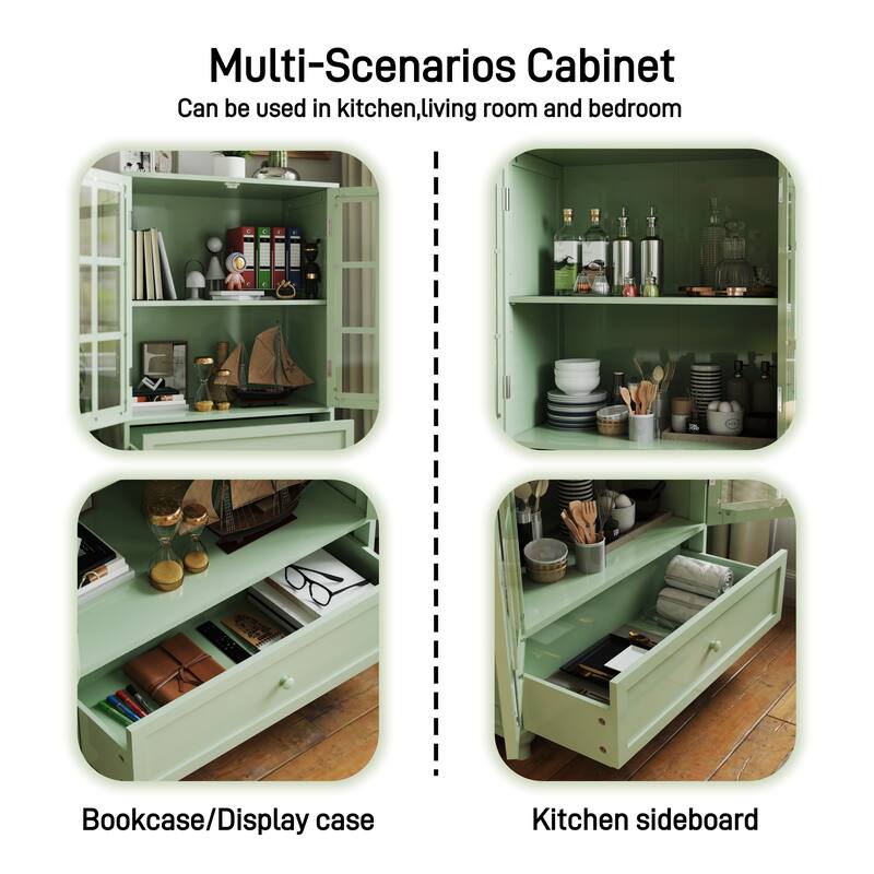 Accent Cabinet with Glass Doors and Drawers, Wooden Buffet and Sideboard Cupboard with Storage