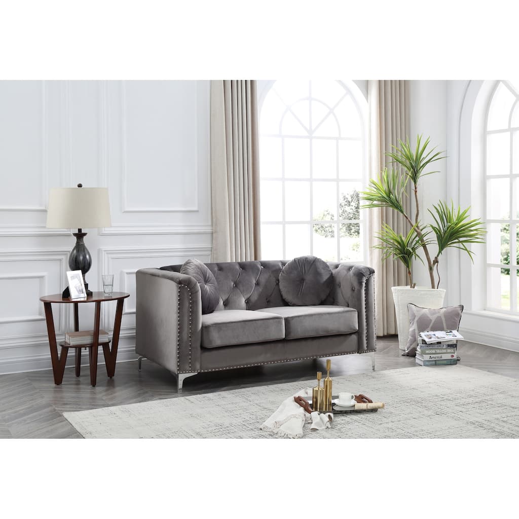 Roomfitters Velvet Loveseat, Sloped Arms, Button-Tufted 2-Seater Sofa, Modern Glam Couch, Silver Metal Legs